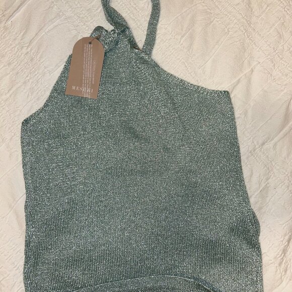 Meshki Leone One Shoulder Metallic Knit Top (large, aqua) - Picture 2 of 3